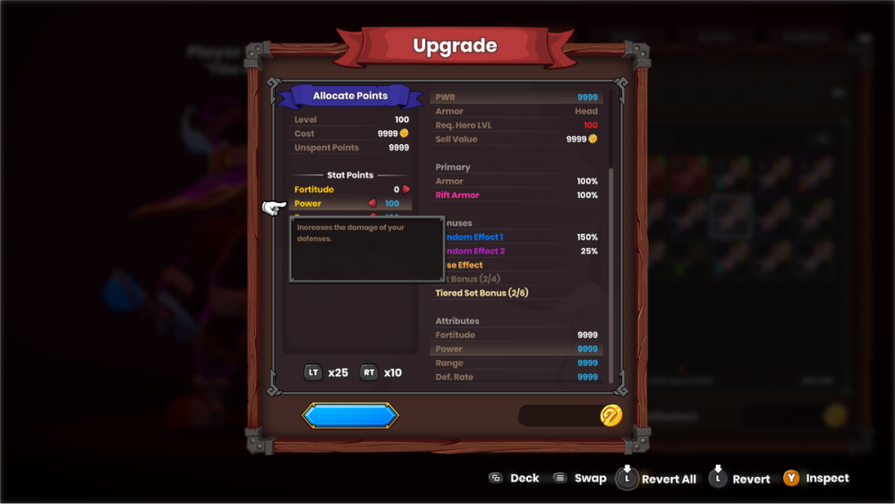 Item upgrade menu with new text box for description of Power stat