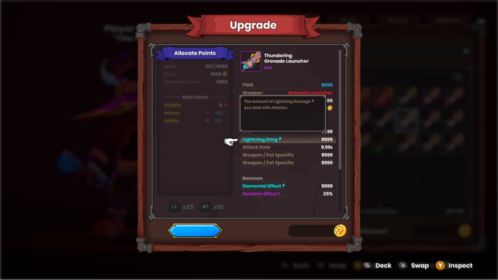 Weapon upgrade menu with new text box for description of Lightning damage